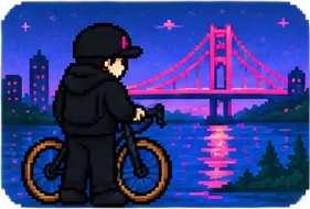 Rider cycling toward a bridge at dusk.
