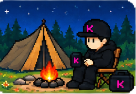 Rider by a campfire and tent at dusk, bike parked nearby.